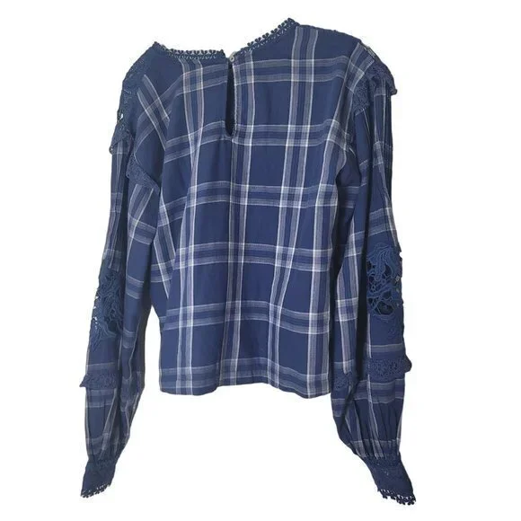 Free People Womens Size Small Blue Plaid Darling Diana Long Sleeve Shirt - Picture 9 of 10
